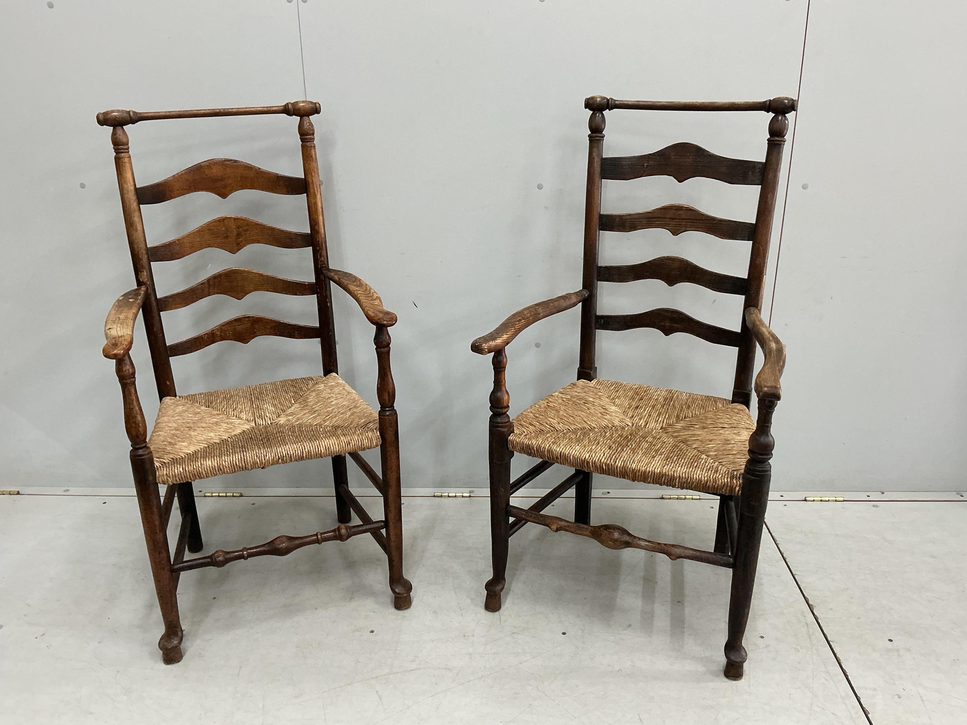 A harlequin set of eight 18th century ash ladderback rush seat dining chairs, two with arms